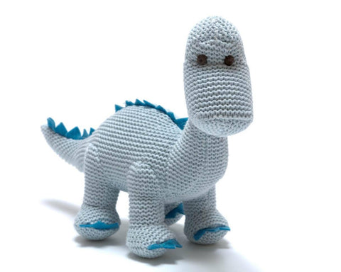 Best Years Knitted Organic Cotton Blue Diplodocus Dinosaur Baby Rattle