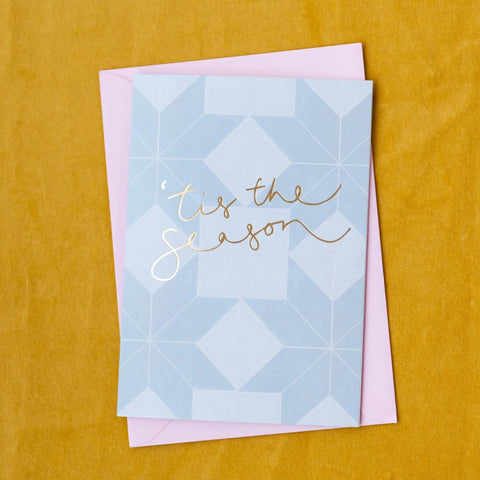 ’tis the Season’ Blue Patchwork Gold Foil Christmas Card, Oh Squirrel