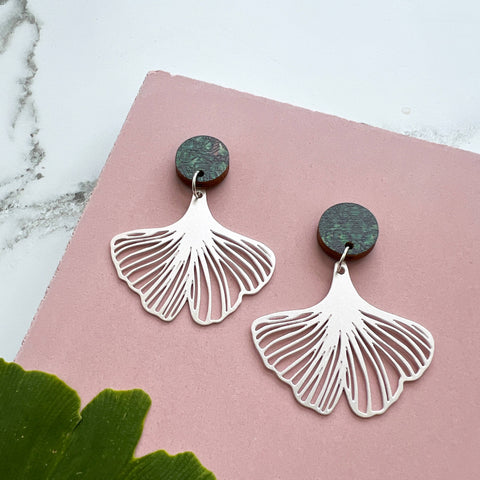 MicaPeet Silver Gingko Drop Stud Earrings 