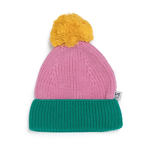 Cotton Knit Baby Bobble Hat: Green & Pink, Sophie Home