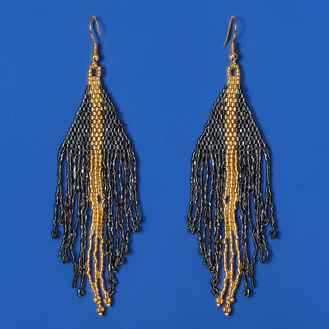 Narratives The Line - Golden Hematite Triangle Beaded Fringe Earrings