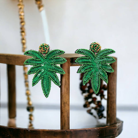 Narratives The Line - Green Sequin & Beaded Palm Leaf Earrings
