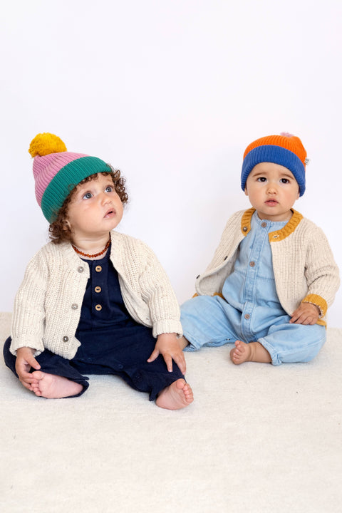 Cotton Knit Baby Bobble Hat: Orange & Blue, Sophie Home