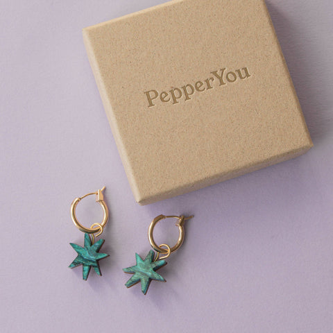 Pepper You Hand Drawn Star Hoops in Marble Teal Sparkle