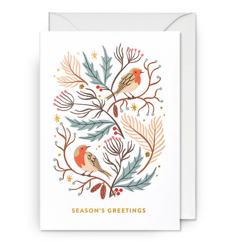 Season's Greetings Illustrative Robins Christmas Card