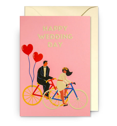 Happy Couple on Bikes Graphic Wedding Day Card