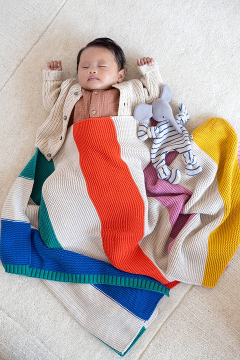 Cotton Knit Stroller/Pram Baby Blanket: Striped Rainbow, Sophie Home