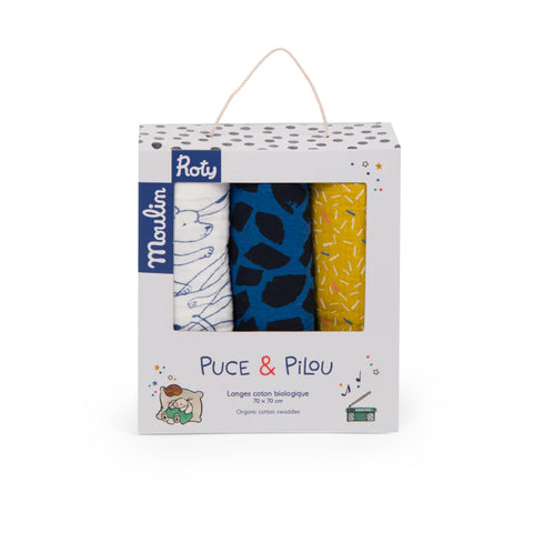 Moulin Roty Set of 3 muslin squares Puce & Pilou