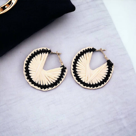 Narratives The Line - Cream & Black Raffia Swirl Hoop Earrings